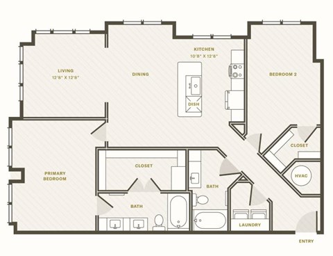 Floor plan for 2 beds, 2 baths, 1385 sqft